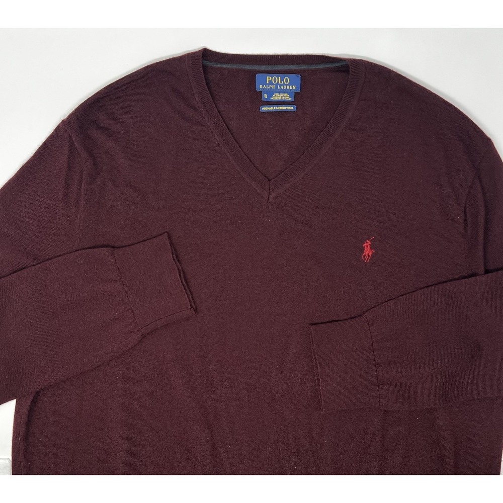 Polo Ralph Lauren Sweater‎ Mens Size XL Maroon Long Sleeve Merino Wool V-Neck